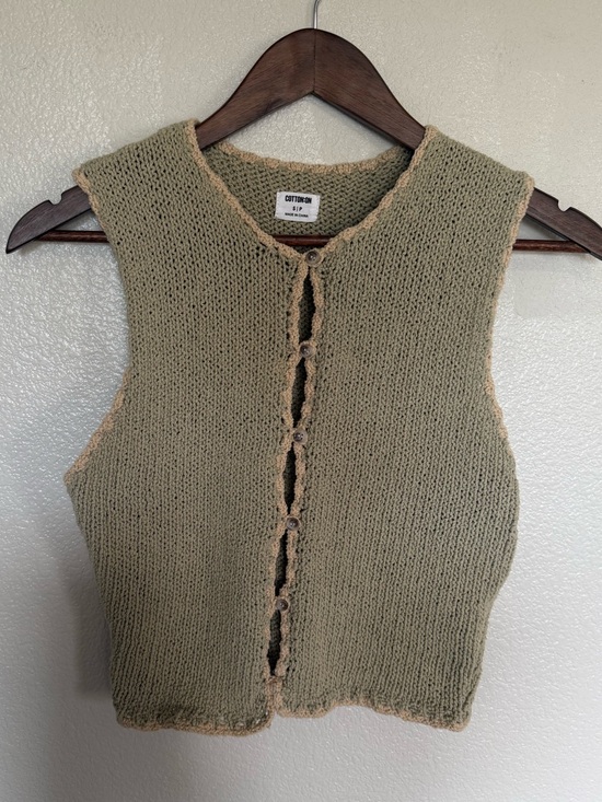 Cotton On Sweaters - 🍂 Cotton On Sage Green Knit Vest Cream Crochet Trim Cottagecore Fall Cardigan